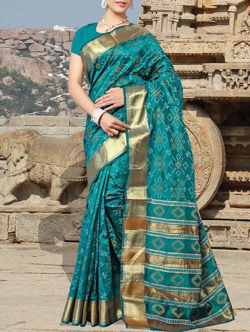 Green ikat saree with blouse - 14512609 - Very Small Image - 1