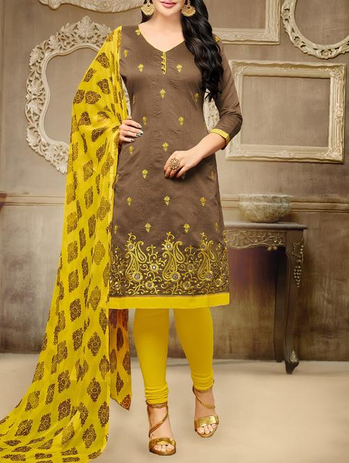 brown chanderi cotton unstitched dress material - 14513133 - Very Small Image - 1