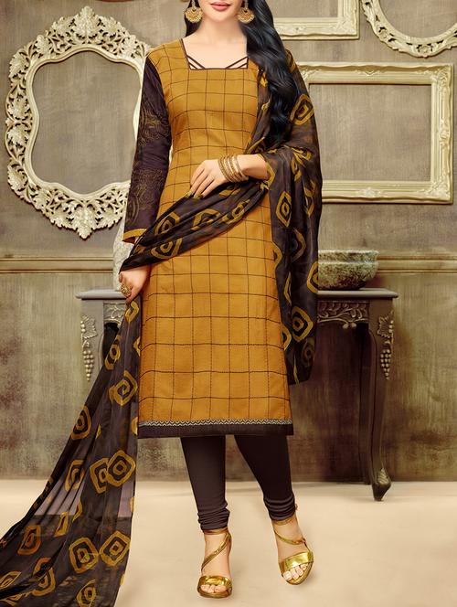 brown chanderi cotton unstitched dress material - 14513138 - Very Small Image - 1