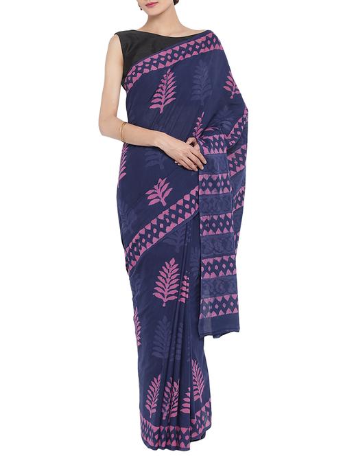 blue handblock printed sanganeri saree with blouse - 14513483 - Very Small Image - 1