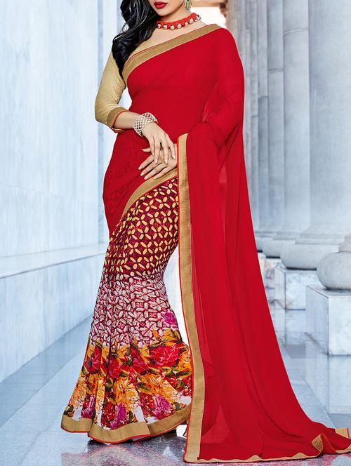 red half & half saree with blouse - 14513507 - Standard Image - 1