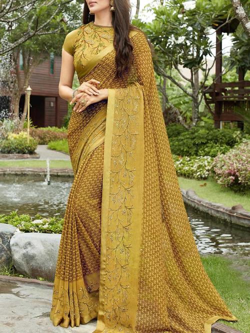beige printed saree with blouse - 14513535 - Very Small Image - 1