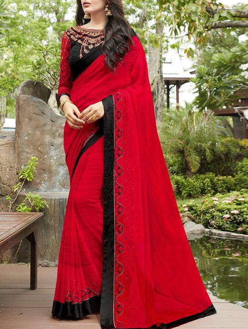 red printed saree with blouse - 14513539 - Very Small Image - 1