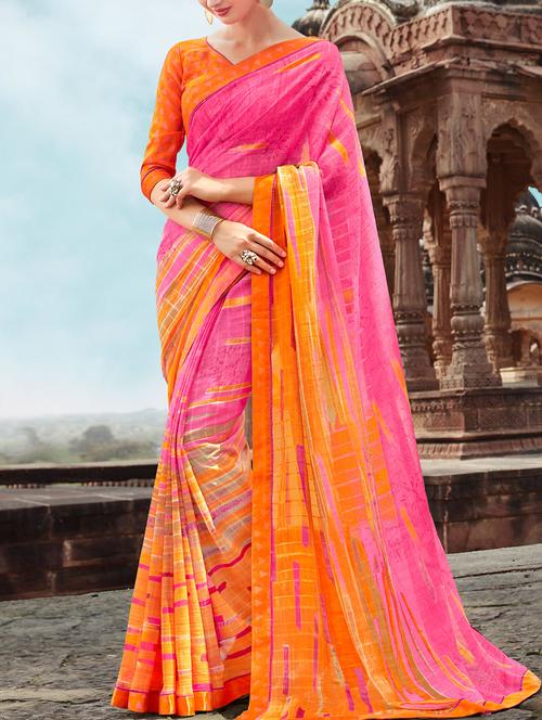 pink printed saree with blouse - 14513544 - Very Small Image - 1