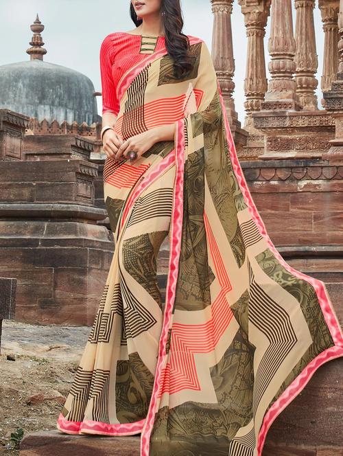 beige printed saree with blouse - 14513549 - Standard Image - 1