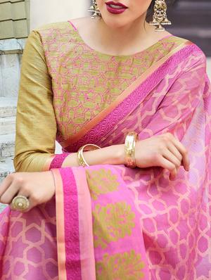 pink cotton printed saree with blouse - 14513561 - Standard Image - 2