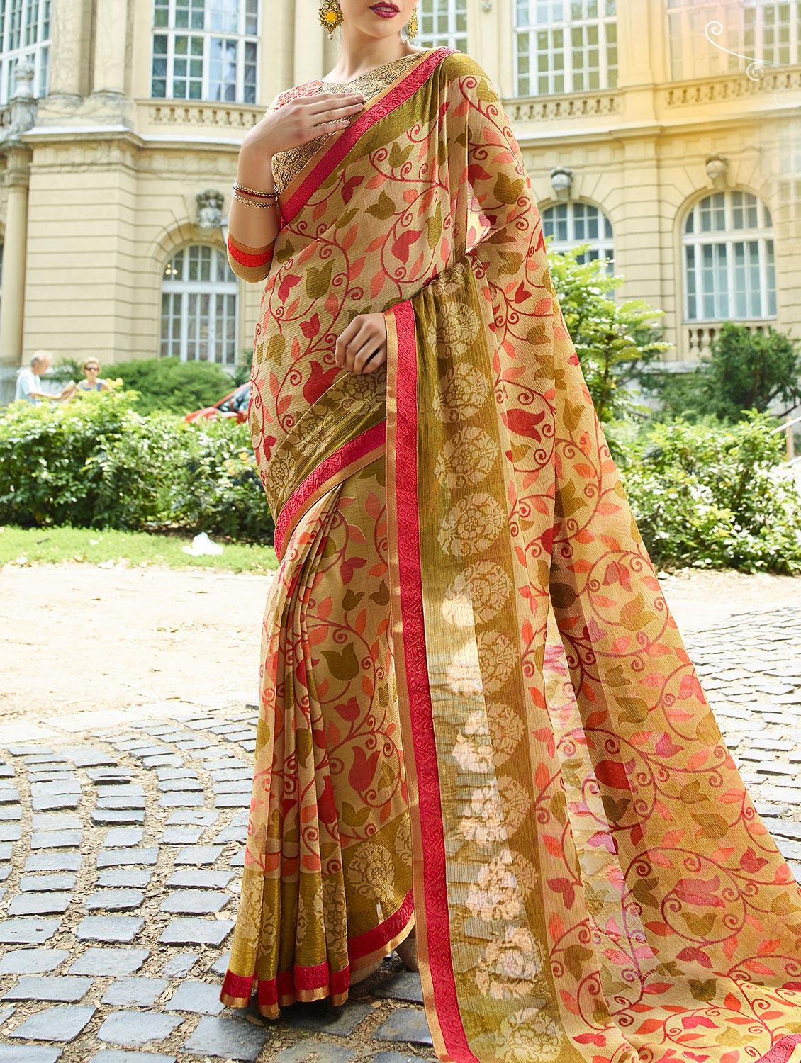 beige cotton printed saree with blouse - 14513562 - Zoom Image - 1