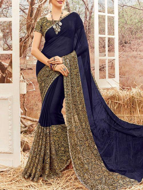 blue chiffon printed saree with blouse - 14513566 - Standard Image - 1