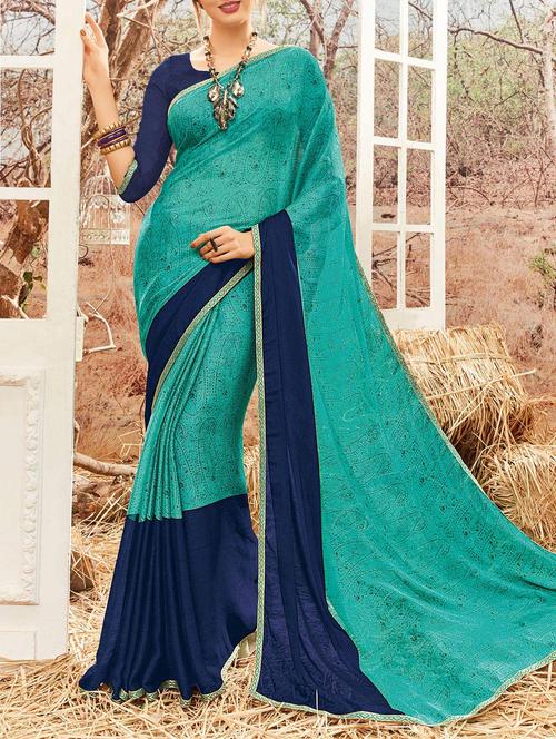 turquoise chiffon printed saree with blouse - 14513567 - Very Small Image - 1