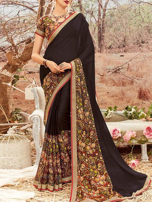 black chiffon printed saree with blouse - 14513571 - Very Small Image - 1