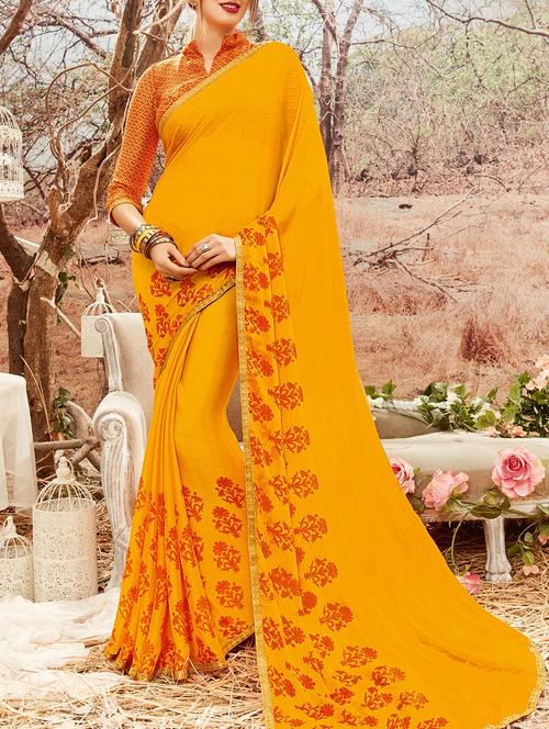 yellow chiffon printed saree with blouse - 14513575 - Very Small Image - 1