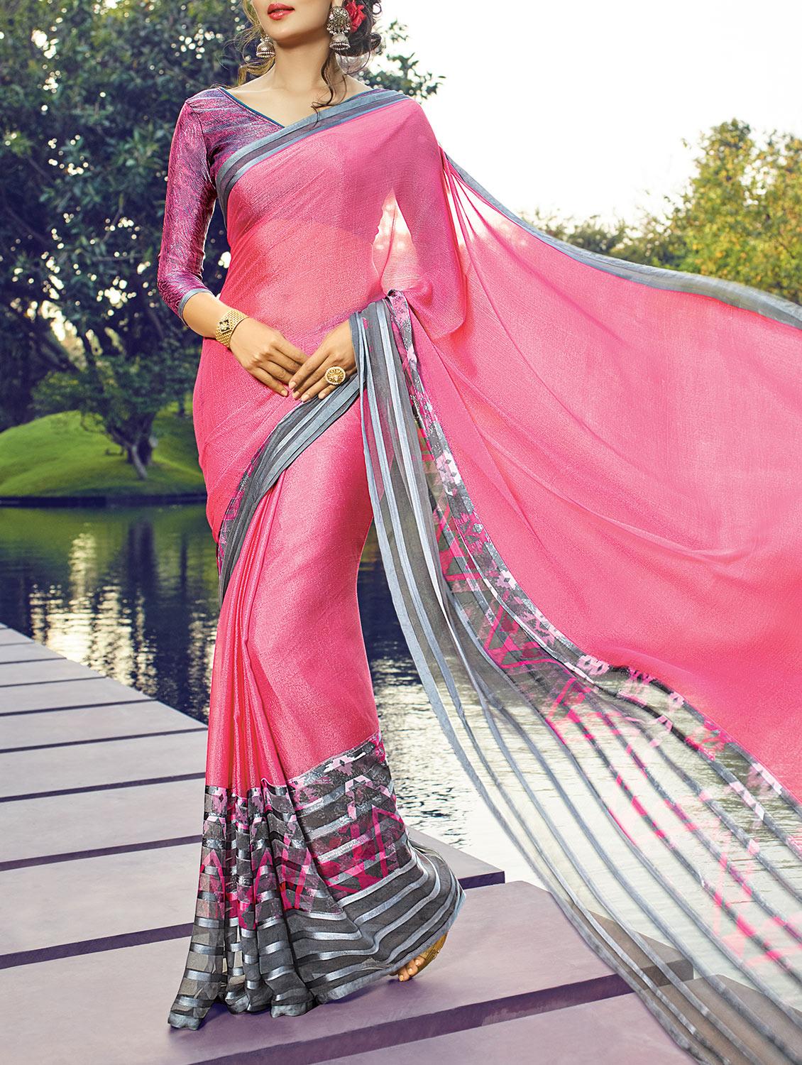 pink printed saree with blouse - 14513582 - Zoom Image - 1