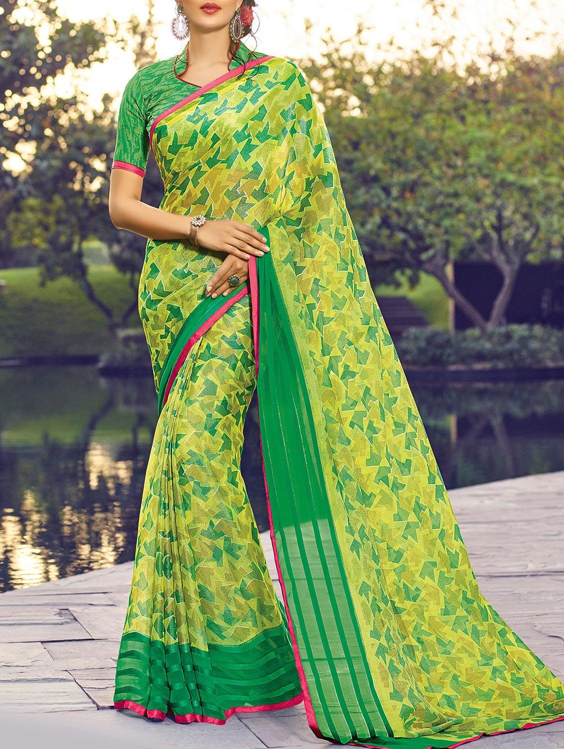 yellow cotton printed saree with blouse - 14513583 - Zoom Image - 1