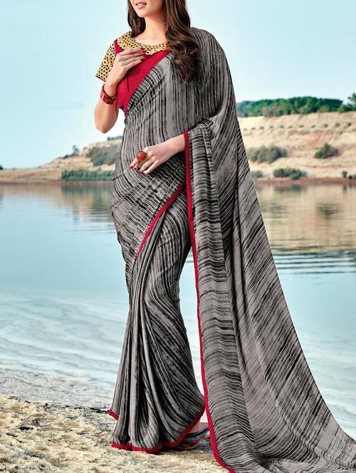 grey printed saree with blouse - 14513591 - Very Small Image - 1