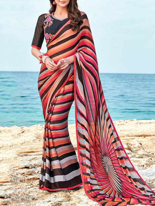 multicolour printed saree with blouse - 14513595 - Very Small Image - 1