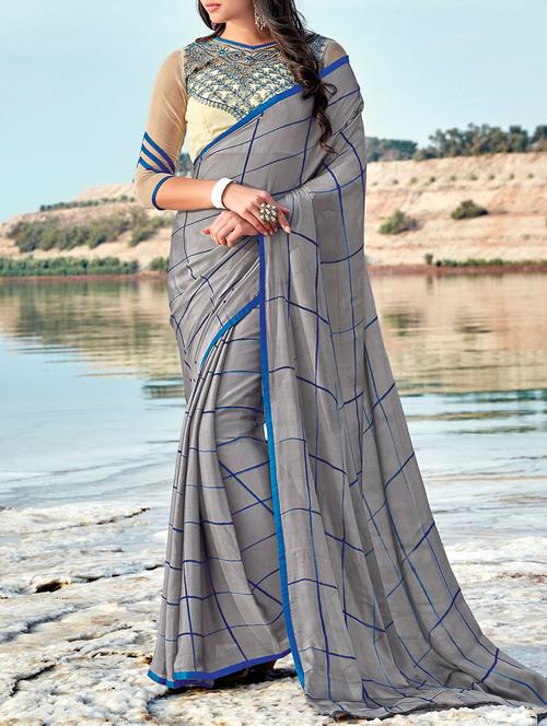 grey chiffon printed saree with blouse - 14513603 - Very Small Image - 1