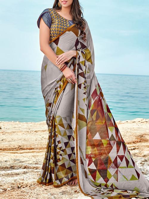 grey printed saree with blouse - 14513605 - Very Small Image - 1