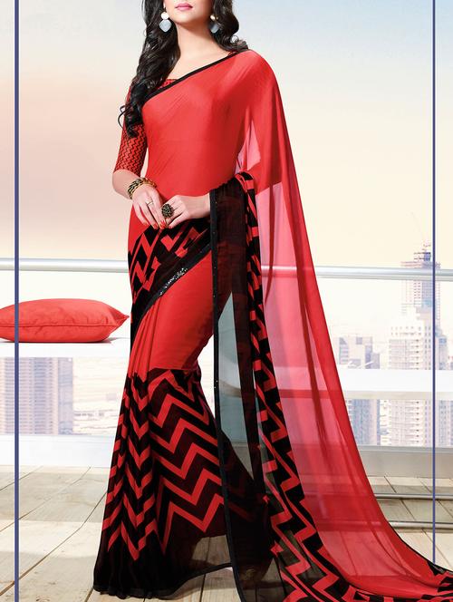 red printed saree with blouse - 14513607 - Very Small Image - 1
