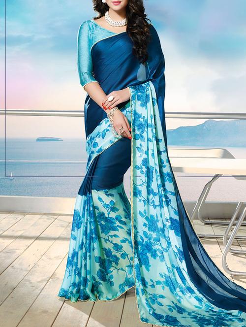 blue satin printed saree with blouse - 14513612 - Very Small Image - 1
