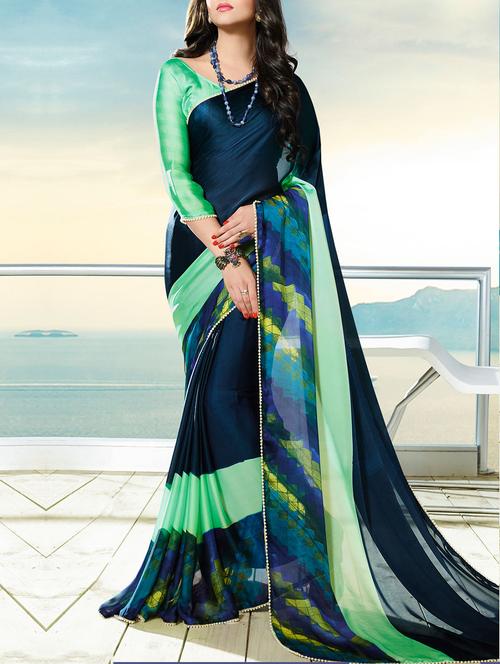 blue printed saree with blouse - 14513622 - Standard Image - 1