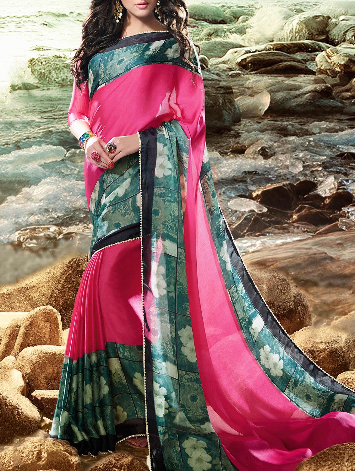 pink printed saree with blouse