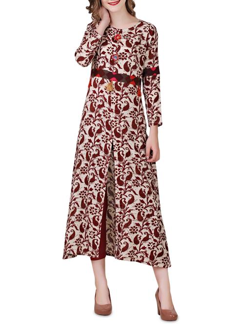 beige rayon high slit kurta - 14515152 - Very Small Image - 1