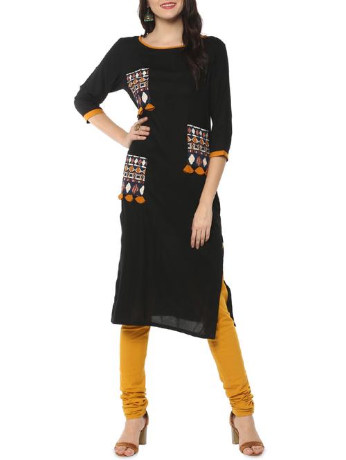 black rayon straight kurta - 14515334 - Standard Image - 1