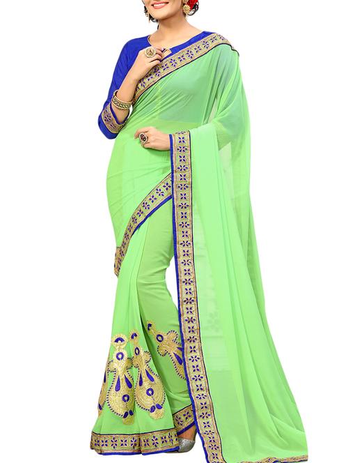 green georgette embroidered saree with blouse - 14516298 - Very Small Image - 1