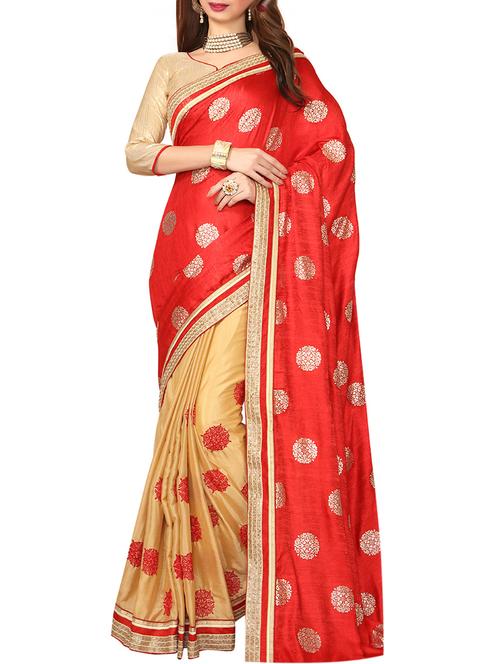 red half & half saree with blouse - 14516305 - Very Small Image - 1