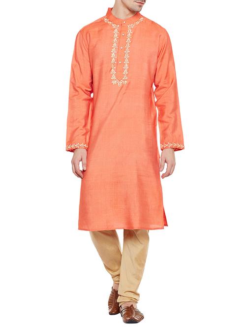 orange silk blend long kurta - 14517382 - Very Small Image - 1