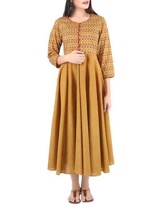 mustard cotton fusion kurta - 14517635 - Very Small Image - 1