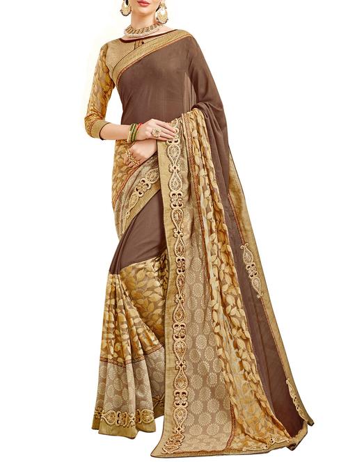 beige georgette embroidered saree with blouse - 14518369 - Very Small Image - 1