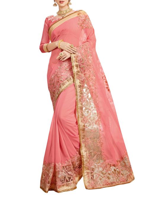 pink georgette embroidered saree with blouse - 14518372 - Very Small Image - 1