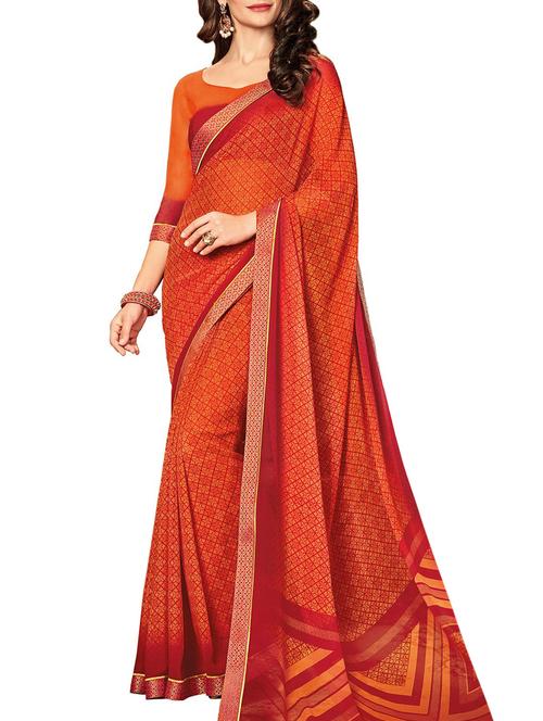 orange printed saree with blouse - 14518382 - Very Small Image - 1