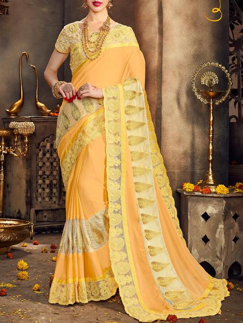 yellow georgette embroidered saree with blouse - 14518383 - Very Small Image - 1