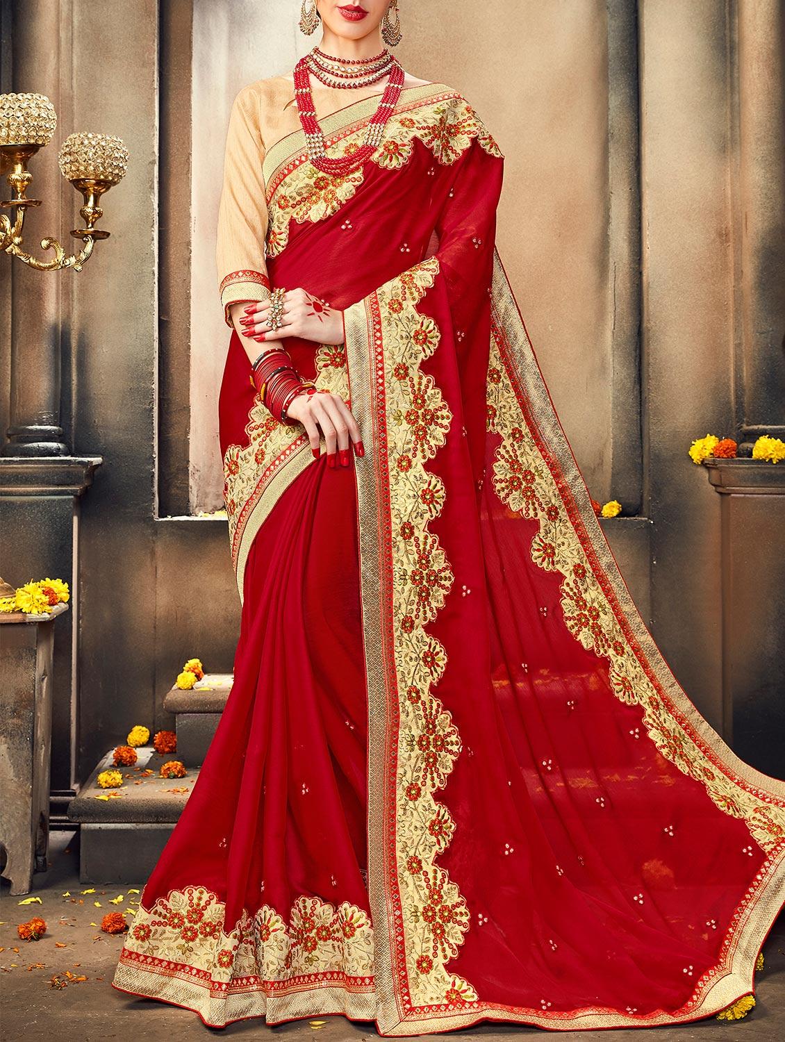 red georgette embroidered saree with blouse