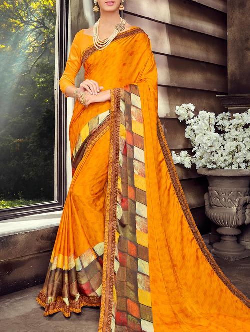 Yellow printed saree with blouse - 14518396 - Very Small Image - 1