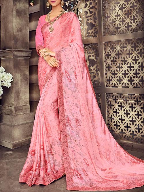 pink satin printed saree with blouse - 14518397 - Very Small Image - 1