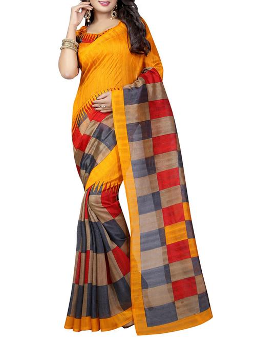 yellow cotton silk printed saree with blouse - 14518502 - Very Small Image - 1