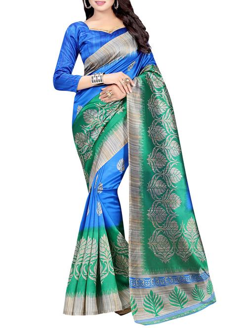 blue art silk printed saree with blouse - 14518511 - Very Small Image - 1