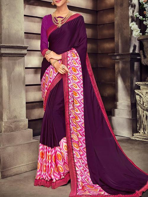 purple satin printed saree with blouse - 14518594 - Very Small Image - 1