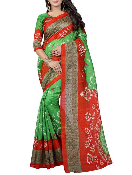 green cotton silk bandhani saree with blouse - 14518791 - Very Small Image - 1