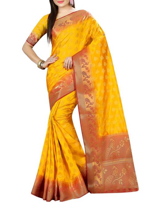 mustard nylon woven saree - 14518814 - Very Small Image - 1