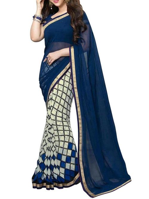 blue georgette printed saree with blouse - 14518846 - Very Small Image - 1