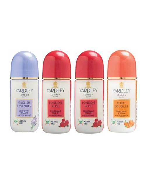 Yardley London 1 English Lavender, 2 London Rose and 1 Royal Bouquet Deodorant Roll-on - For Men & Women(Pack of 4) - 14519074 - Very Small Image - 1