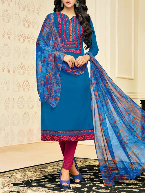 blue chanderi cotton churidaar suits dress material - 14519227 - Very Small Image - 1
