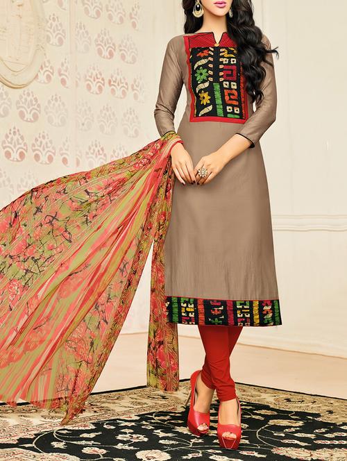 brown chanderi cotton churidaar suits dress material - 14519228 - Very Small Image - 1