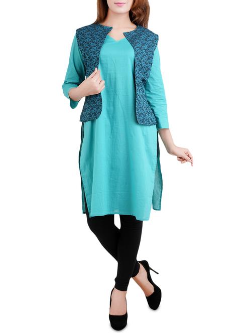 Light green cotton kurta with printed jacket - 14519248 - Very Small Image - 1