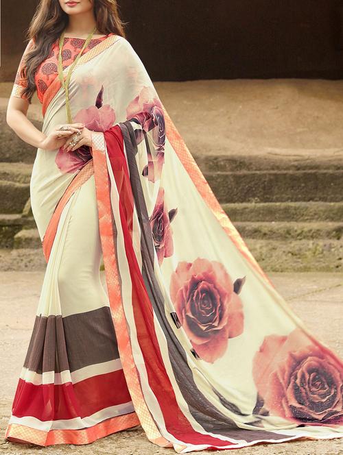 cream georgette printed saree with blouse - 14519349 - Very Small Image - 1