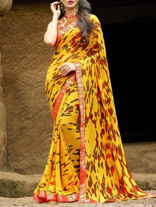 yellow georgette printed saree with blouse - 14519353 - Very Small Image - 1